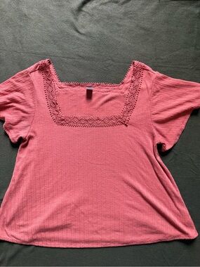 Women's Square Neck Crochet Trim Top - Pinky Peach Color